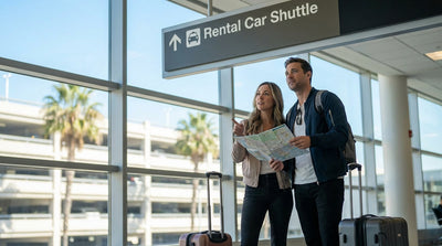 Travelers with suitcases wait for their car rental shuttle at the LAX-it lot in Los Angeles