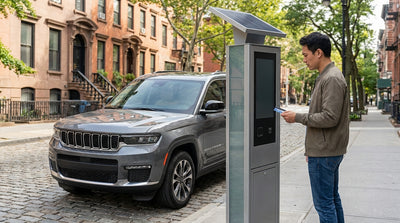 A person using a credit card at a parking kiosk in New York City for their car hire vehicle