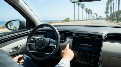 A driver holds a key fob by the push-button start of a California car rental, looking confused