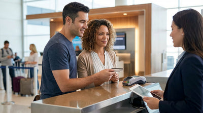 A person hands a credit card to an agent at a car hire counter in the United States