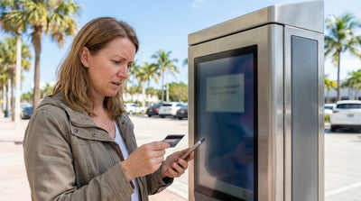 A person with a car rental paying at a parking station on a sunny, palm-lined street in Miami