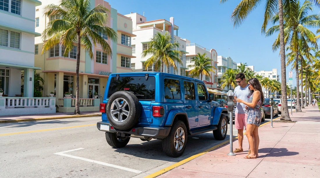 A shiny car hire parked on a sunny Miami street in front of colorful Art Deco buildings and palm trees