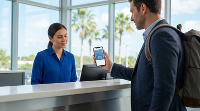A customer at a car hire desk in Orlando International Airport shows their phone to an agent