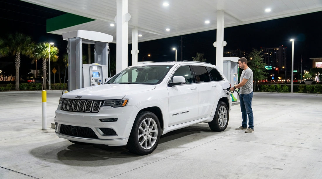 A person refuels their silver car hire at a well-lit gas station in Orlando at night