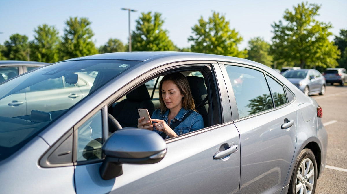 A driver navigating with a phone map in a car rental on a scenic highway in Pennsylvania