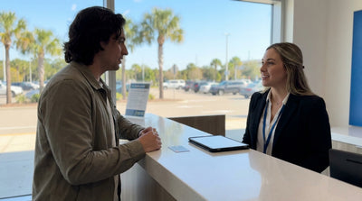 A shiny red convertible car rental parked under a bright blue sky and palm trees in Orlando