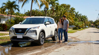A modern car hire vehicle sitting abandoned in deep floodwater on a palm-lined street in Miami after a flash flood
