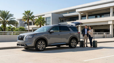 A traveler with luggage approaches their white car hire sedan in a sunny Orlando airport parking lot