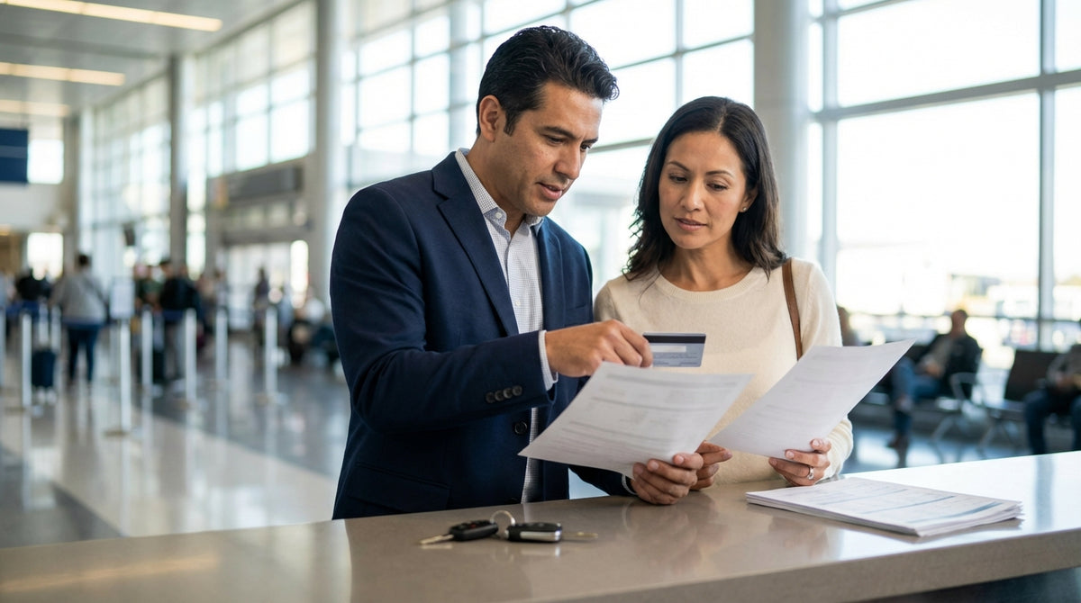 A white car rental sedan parked on the side of a desert highway in the United States at sunset