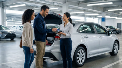 A person puts luggage into the boot of their red convertible car hire on a sunny day in Florida