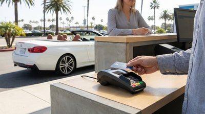 A red convertible car rental driving on a sunny coastal highway next to the ocean in California