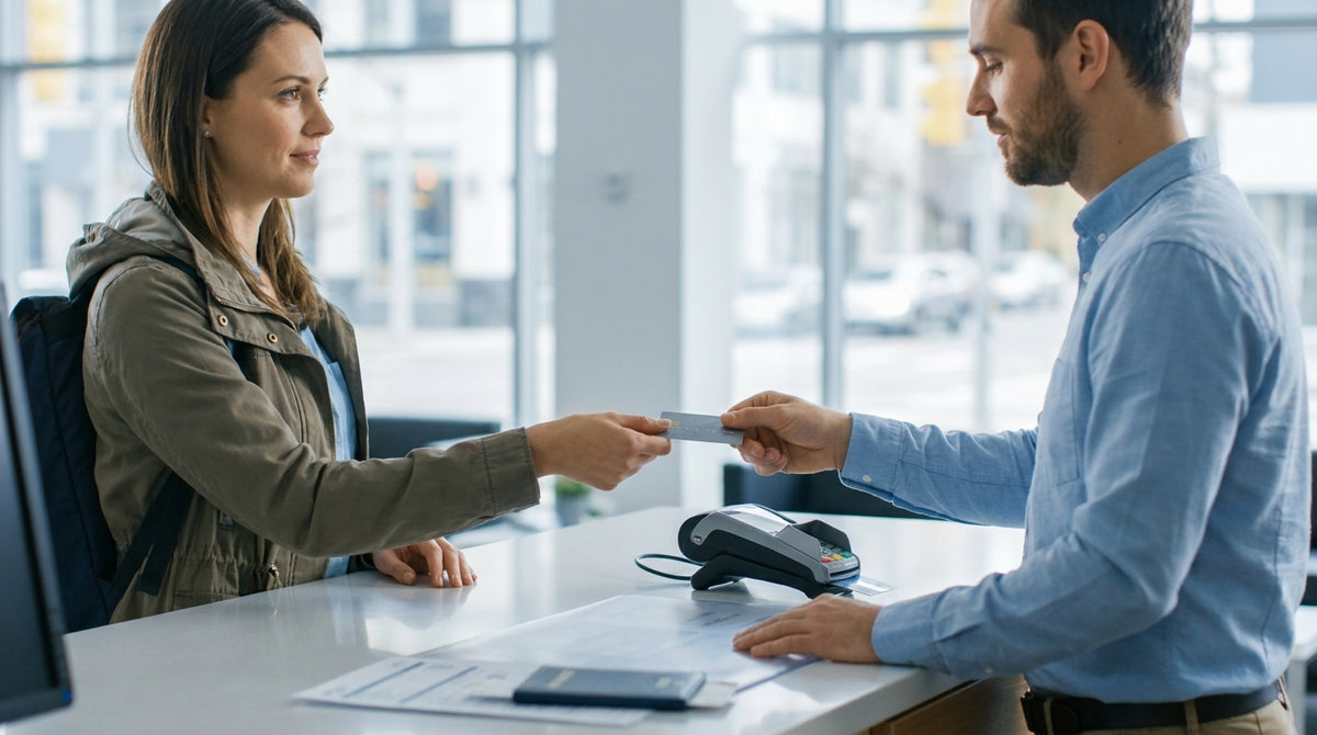 Person handing a credit card to an agent at a car hire counter in Pennsylvania