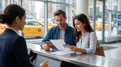 A car rental driving through the bright, neon-lit streets of Times Square in New York City at night