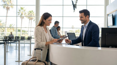 A red convertible car hire driving down a palm-tree-lined street in sunny Los Angeles