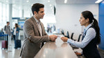 Customer passing a credit card to an agent at a car rental desk in the United States