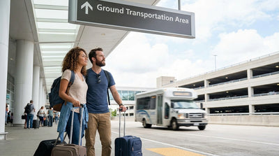 Passengers boarding a car hire shuttle bus at a designated stop at Newark Airport in New York