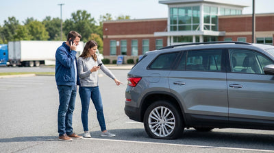 A person on the phone next to a car rental with a flat tire at a Pennsylvania service plaza