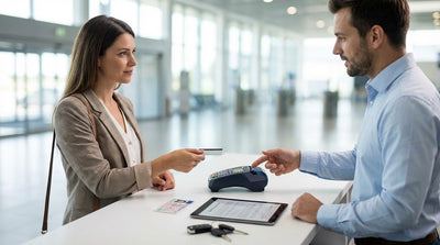 A person hands their credit card to an agent at a car hire desk inside a sunny Florida airport