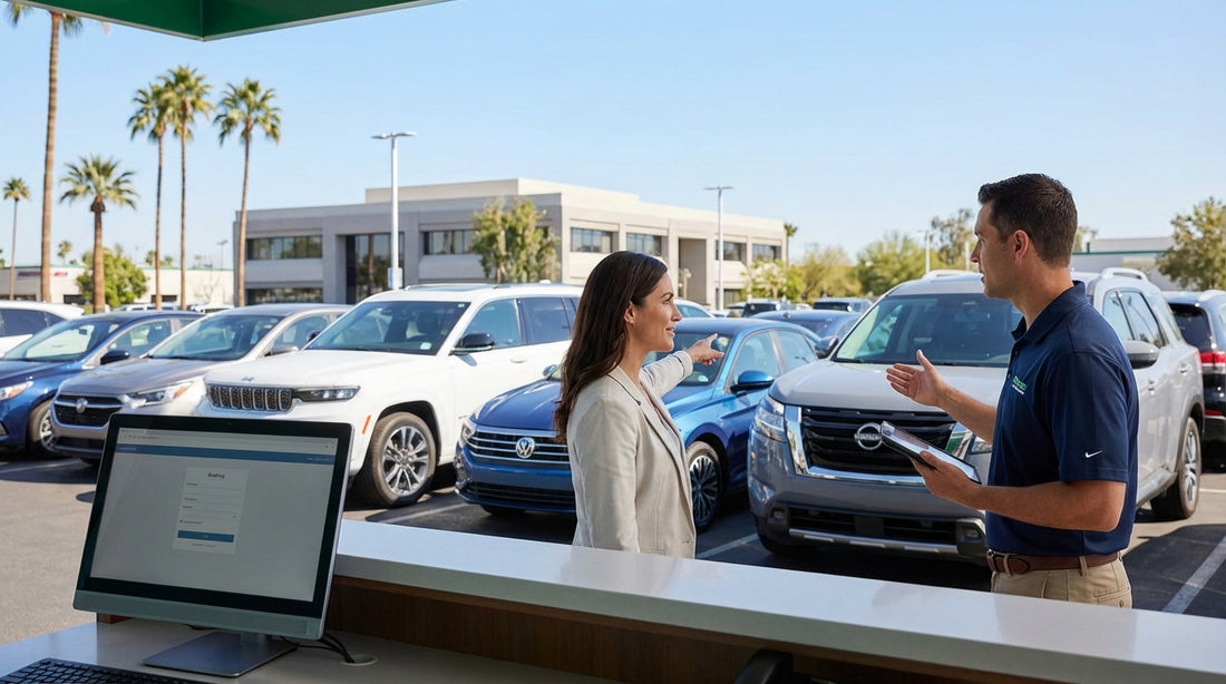 A man choosing a specific model from a line of diverse vehicles at a United Estates car hire agency
