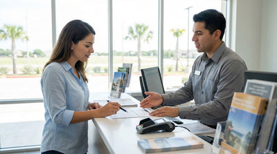 A car hire vehicle driving on a scenic highway through the vast, open landscape of West Texas at dusk
