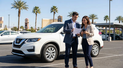 A red convertible car hire driving down the Las Vegas Strip with bright neon signs at night