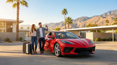 A red convertible car rental driving down the Las Vegas Strip at night with bright neon signs
