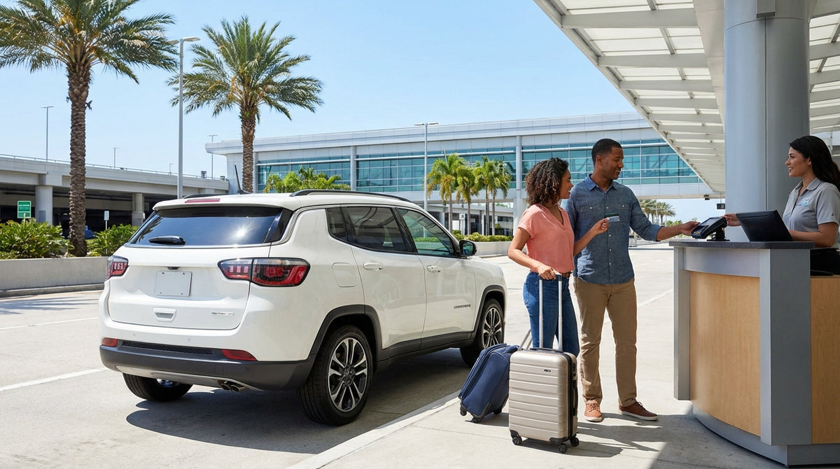 A modern car rental sedan parked on a sunny street lined with palm trees in Orlando