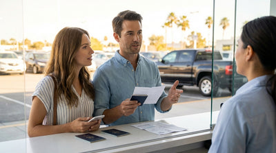 A red convertible car rental on a desert highway road trip through Texas under a vast blue sky