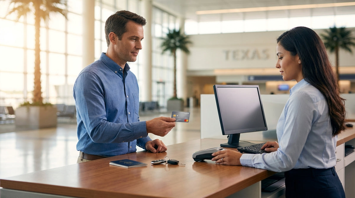 A red convertible car hire driving down a long, straight highway through the Texas desert landscape