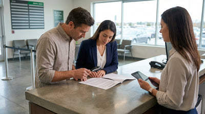 A modern SUV car rental on a dusty desert road with mountains in the background in the United States