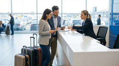 A traveler placing luggage into the trunk of a car hire SUV in the scenic mountains of the United States