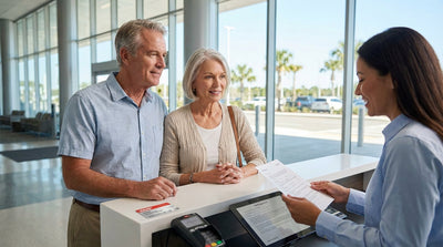 An older couple enjoying their convertible car rental on a sunny day driving along the Big Sur coast in California
