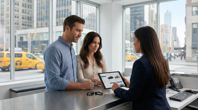 A person looks over a row of different models at a car rental lot in New York City