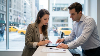 A white car rental drives alongside yellow taxis on a busy, skyscraper-lined street in New York City