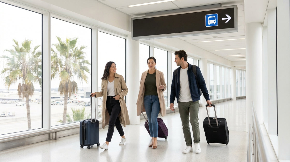 A car rental shuttle bus picks up travelers outside the Tom Bradley International Terminal at LAX in Los Angeles