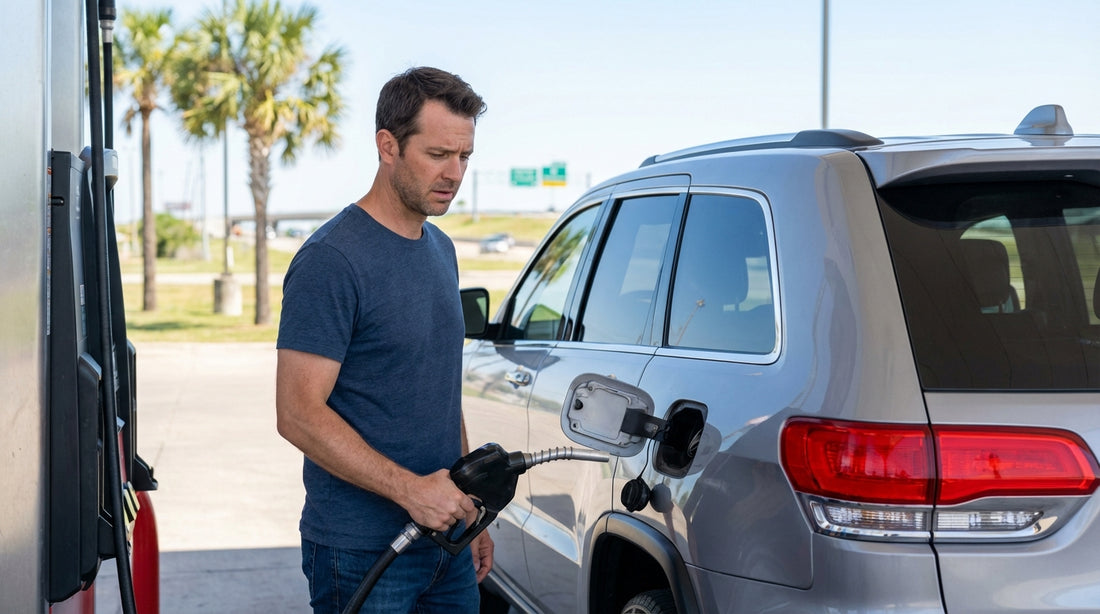 A worried driver holds a fuel nozzle next to their car hire at a gas station in Texas