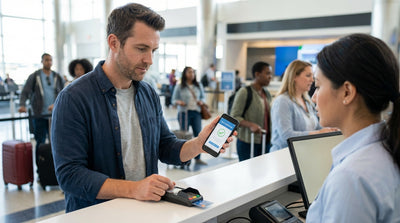 A person uses a smartphone to approve a US car hire deposit payment while standing next to a modern rental car