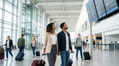 Traveler with a suitcase walks through JFK airport arrivals in New York to find their car hire