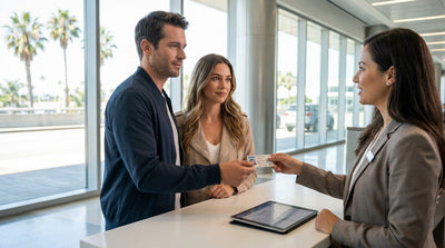 A person at a car rental counter showing their driver's license to an agent in Los Angeles
