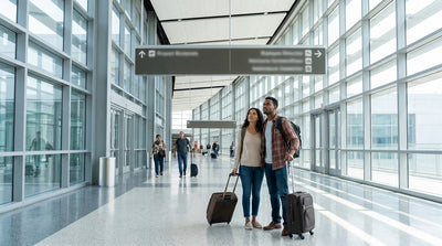 Travelers with luggage at a shared car rental counter at SFO airport in San Francisco