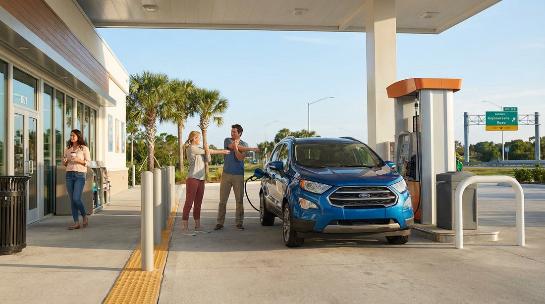 A modern car hire drives along a palm-lined road leaving Orlando on a bright, sunny Florida day