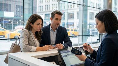A person holds a passport and car keys while standing next to their car hire in New York City