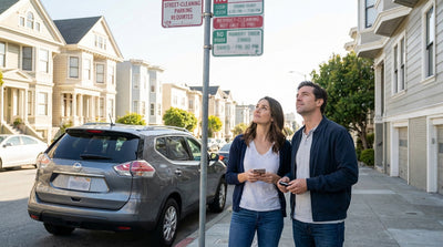 A car hire parked on a hilly San Francisco street next to a pole with multiple street cleaning and parking signs