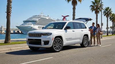 A modern car hire drives on a palm tree-lined road under a bright blue sky in Orlando, Florida