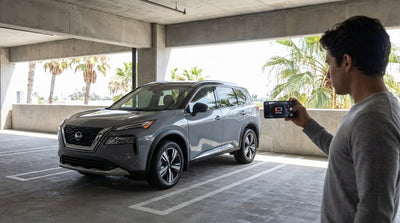 Close-up of an electric vehicle dashboard showing a low battery warning at a car hire location in California