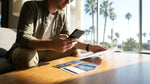 A person holding a credit card and car keys at a car rental counter in California