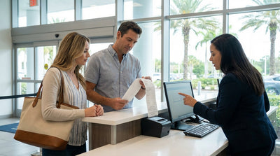 A customer at a car hire counter in Orlando discussing their rental agreement with an agent