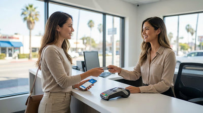 A convertible car hire driving on a winding coastal road with ocean views in sunny California