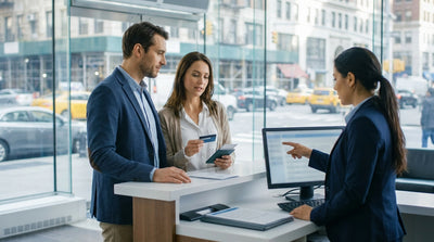 A modern car hire vehicle parked on a classic brownstone-lined street in New York City