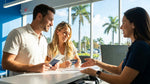 Two people driving a white car rental along a sunny coastal highway with palm trees in Florida